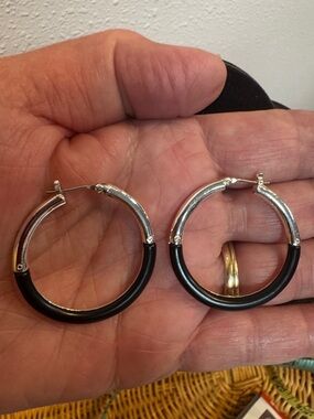 Silver-Black Hoop Earrings - Classic Women's Jewelry